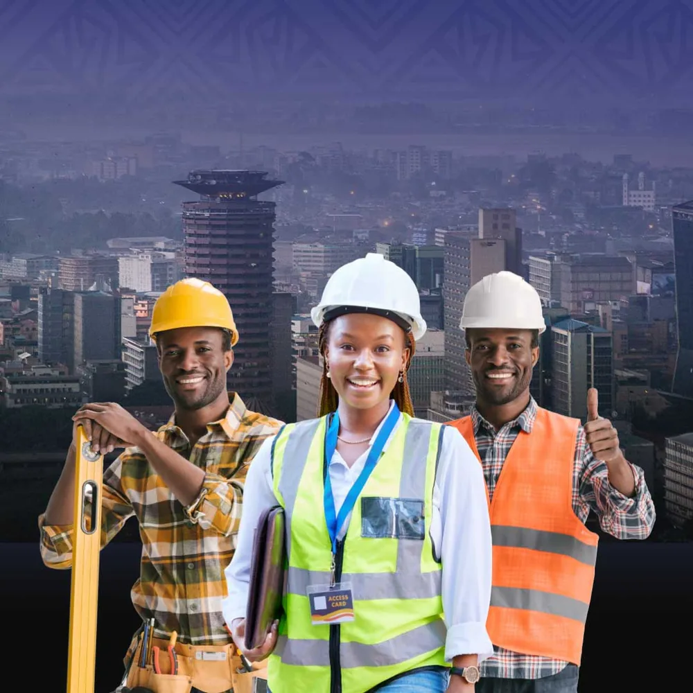 Three REBWAK construction workers in hard hats and safety vests in front of the Nairobi skyline