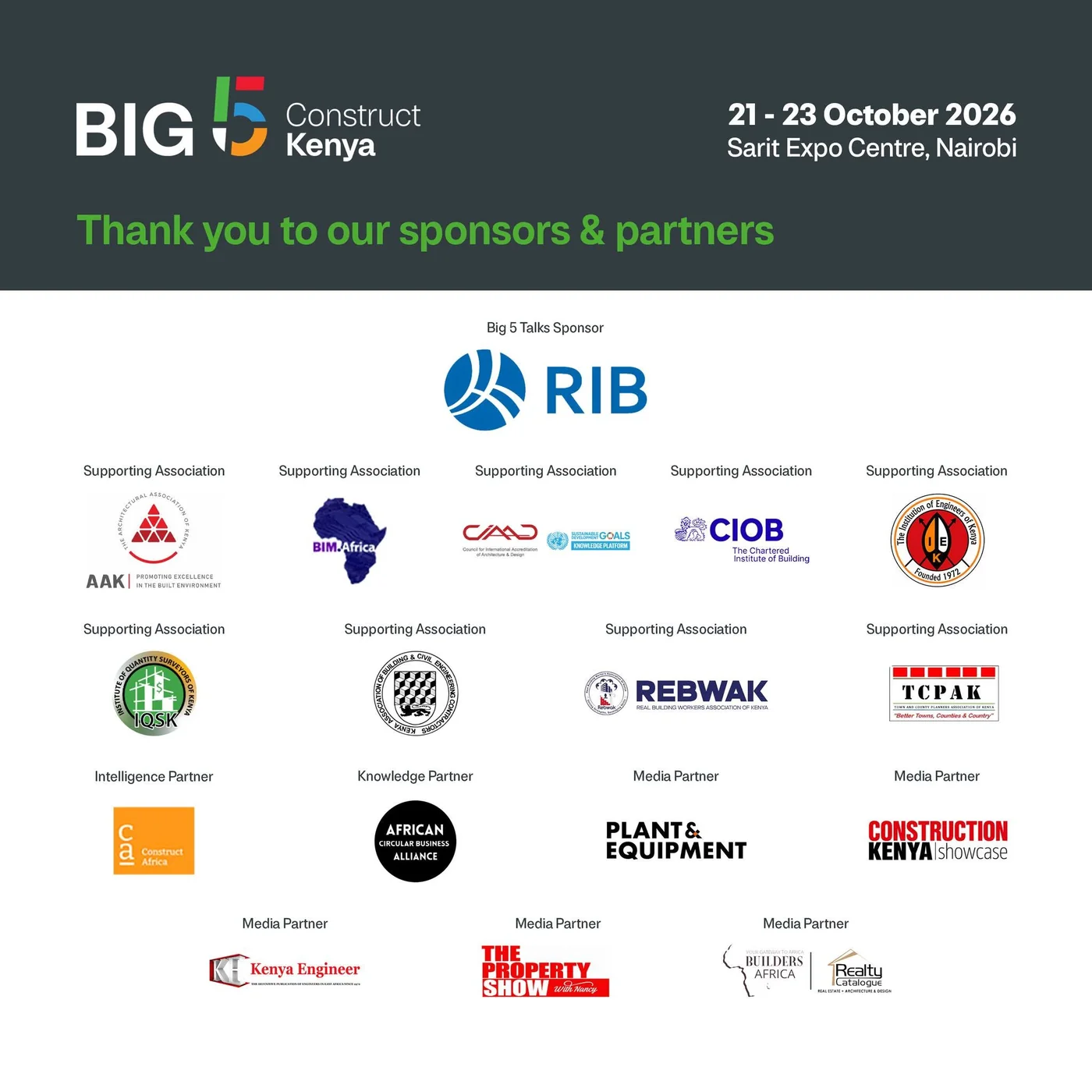 Big 5 Construct Kenya thank-you graphic listing sponsors and partners, with REBWAK as a supporting association